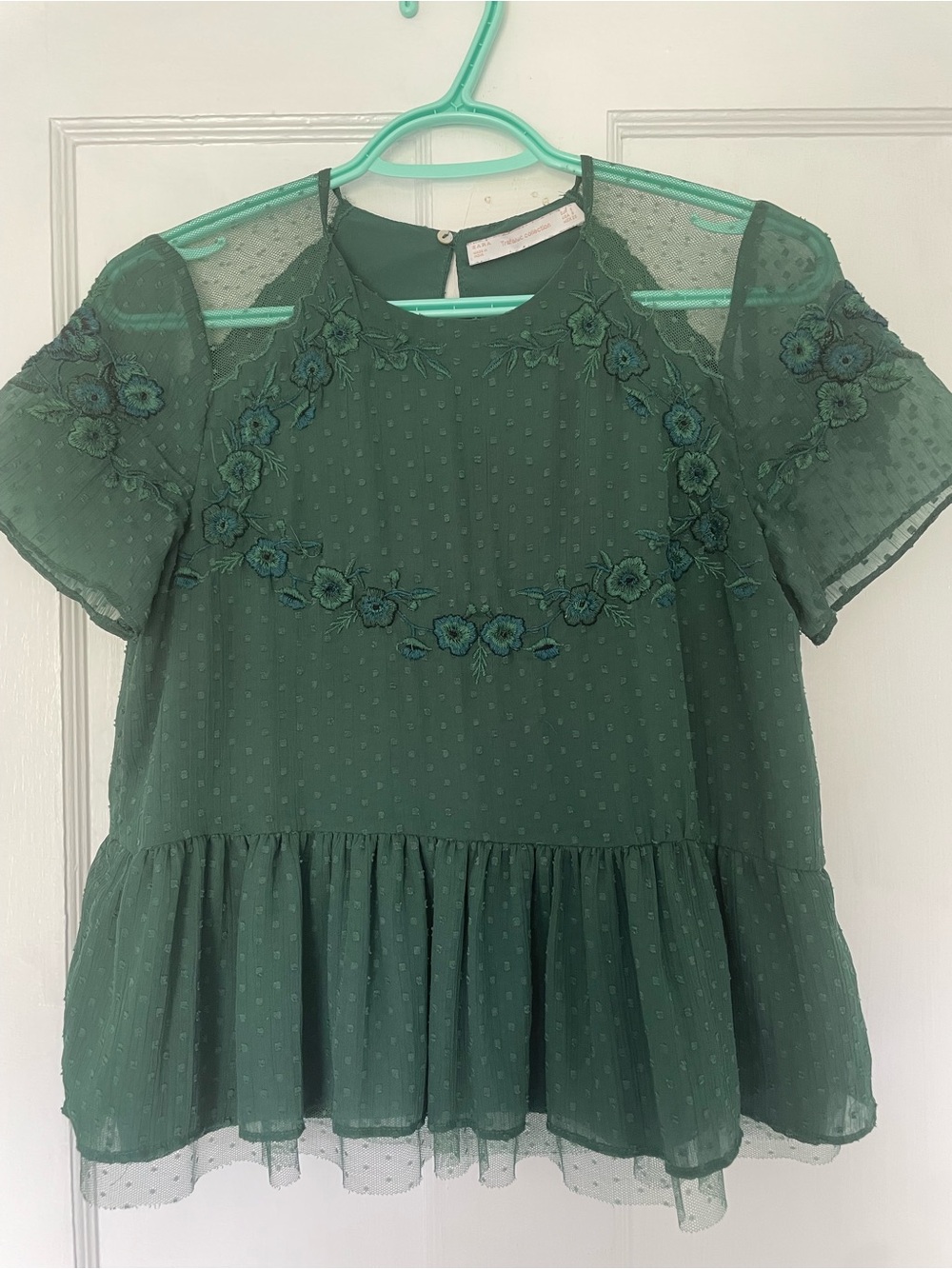 Zara Green Floral Embroidered Peplum Blouse